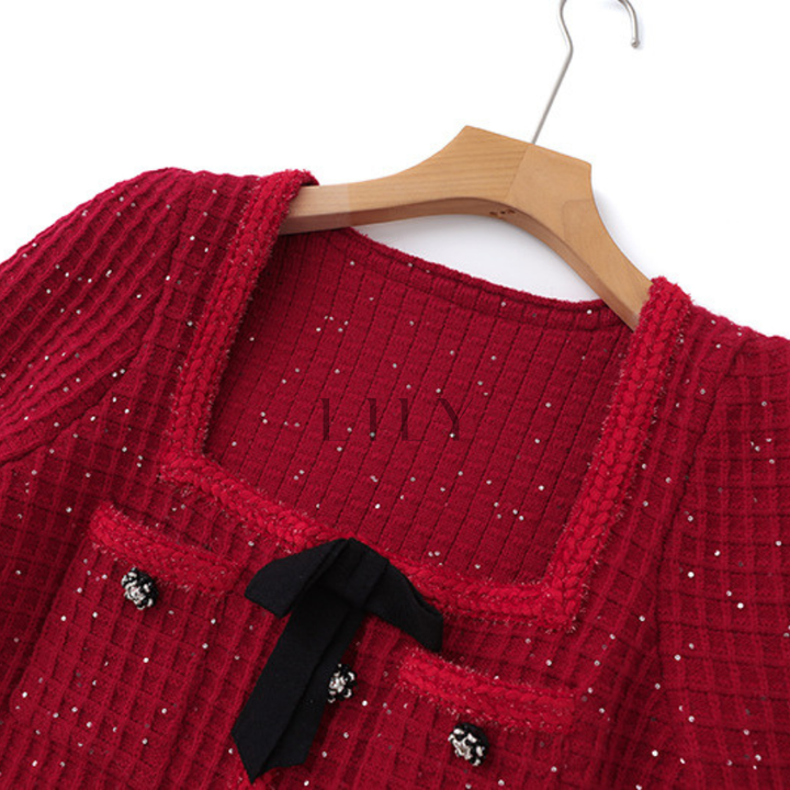 Christmas Elegant Sparkle Square Neck Knit Mini Dress
