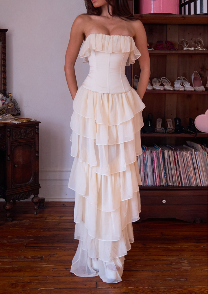 Strapless Chiffon Soft Ruffles Corset Maxi Dress