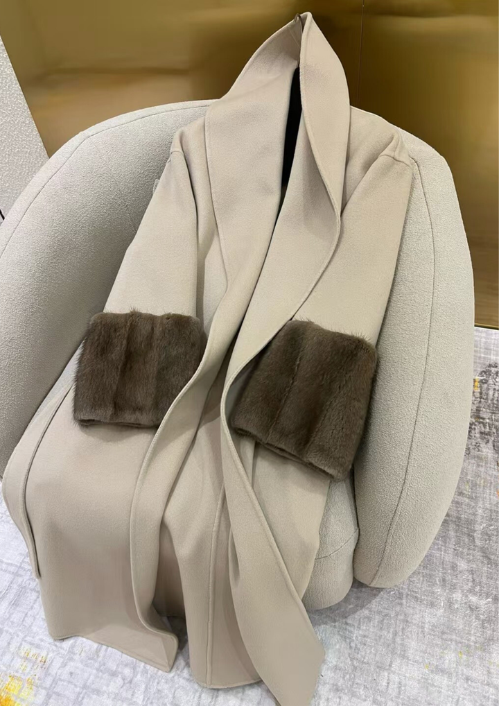 Amara Cashmere Rex Fur Cuff Drape Coat