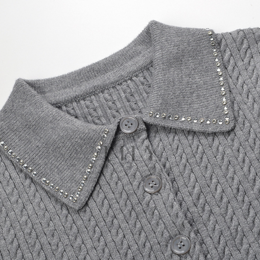 Maryln Rhinestone Lapel Ribbed Knit Cardigan Top