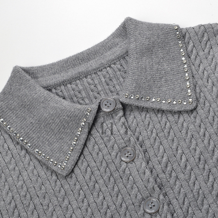 Maryln Rhinestone Lapel Ribbed Knit Cardigan Top