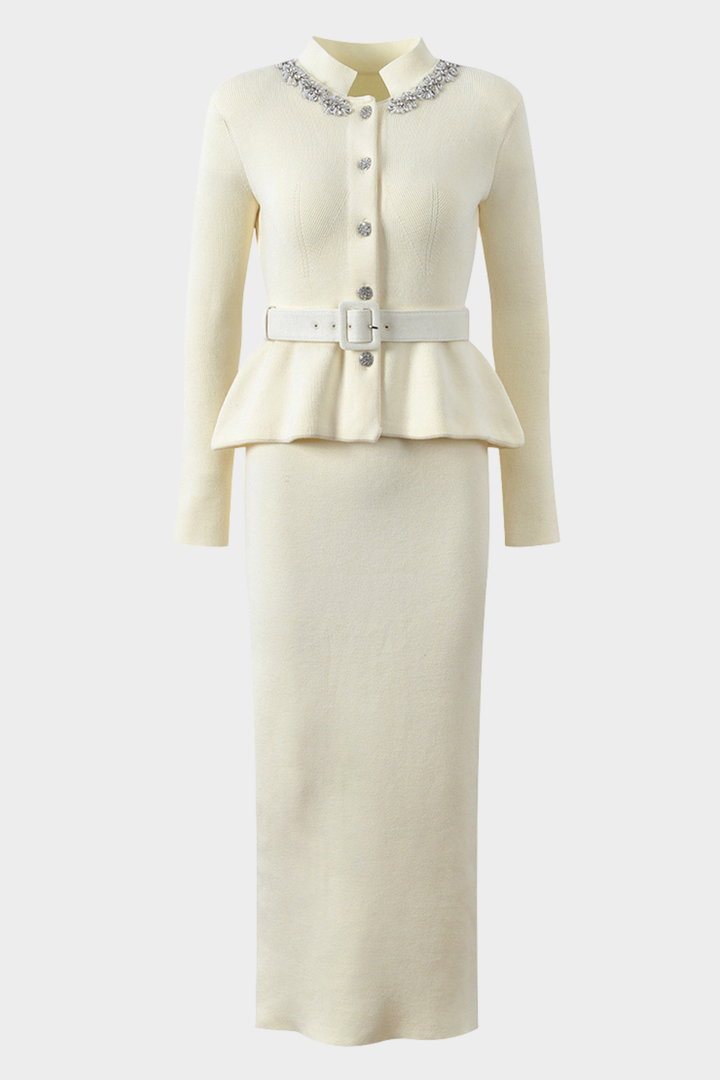 Embellished Elegance Wool Belted Midaxi Dress