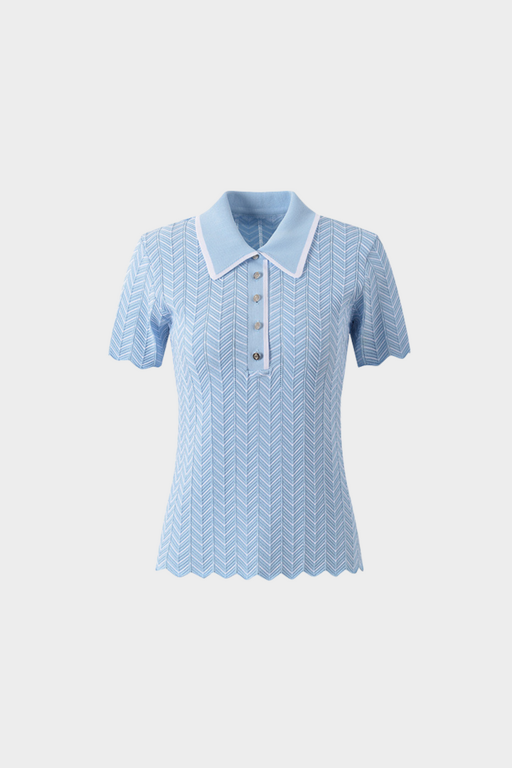 Skyline Chevron Viscose Polo Knit  Light Blue Textured Top