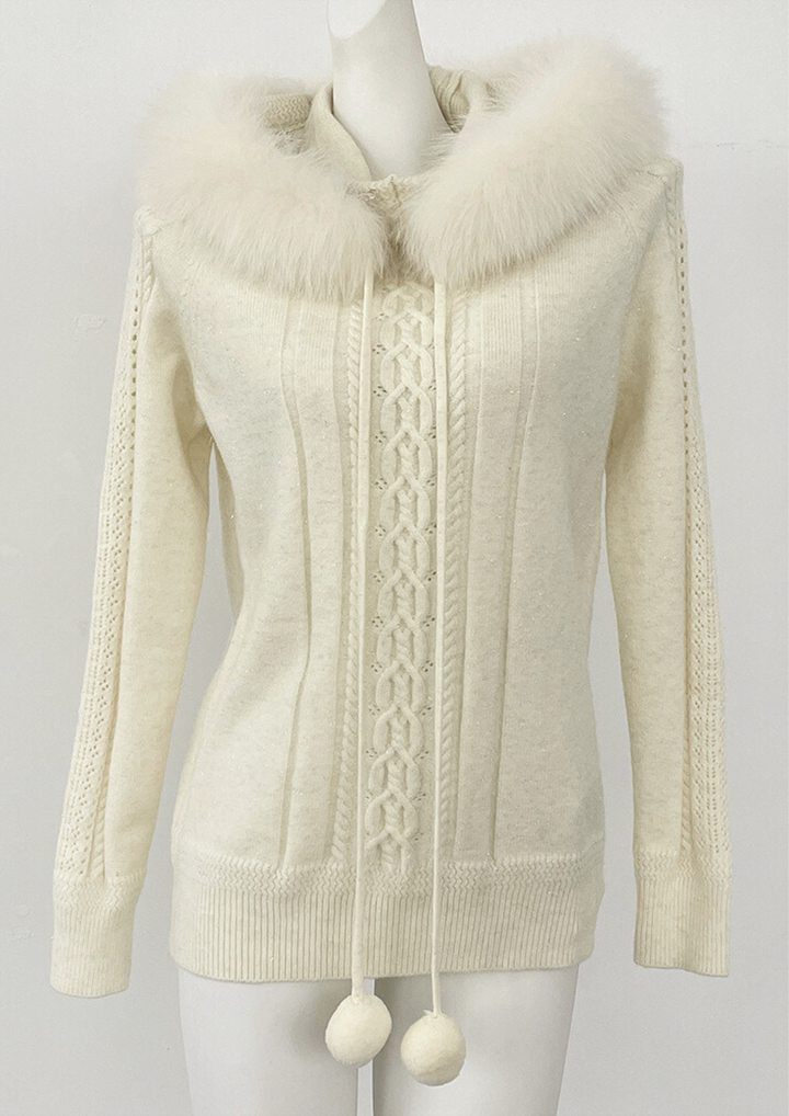 Ivory Fox Fur Collar Wool Knit Hoodie Top