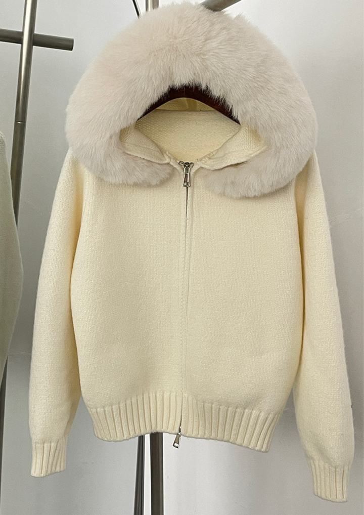 Fox Fur Collar Soft Wool Hooded Cardigan Top