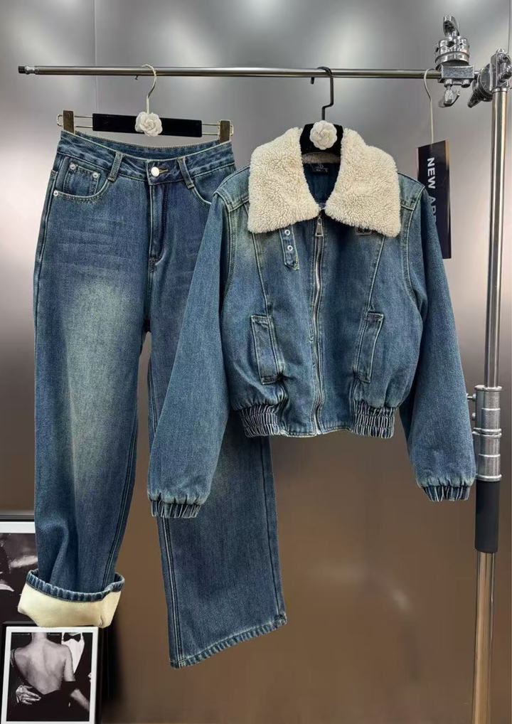 Jolie Denim Fur Collar Jacket  Fleece Lined Straight Jeans Set
