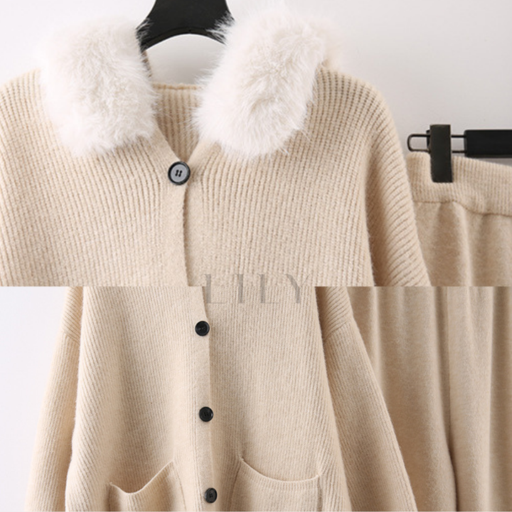 Comfy Gia Fur Collar Wide Leg Hooded Knit Set