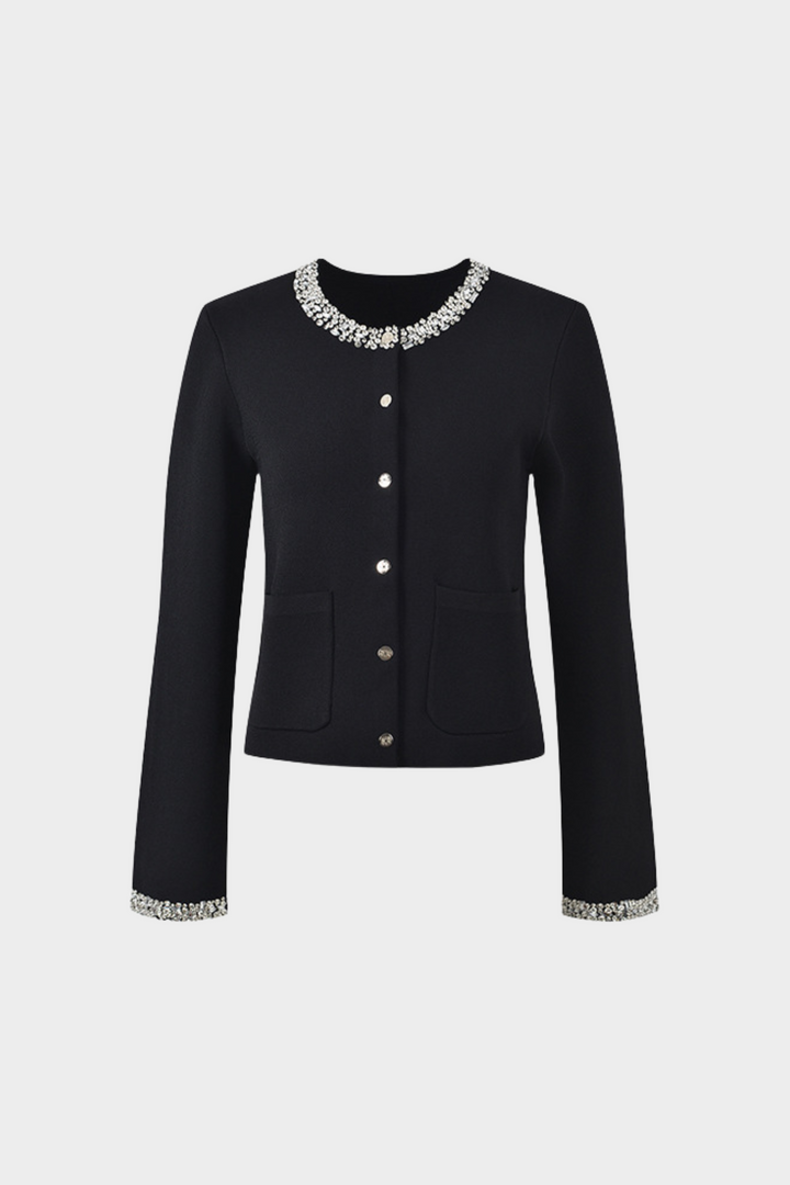 Crystal Luxe Embellished Cuff Detailed soft Wool Knit Jacket Top