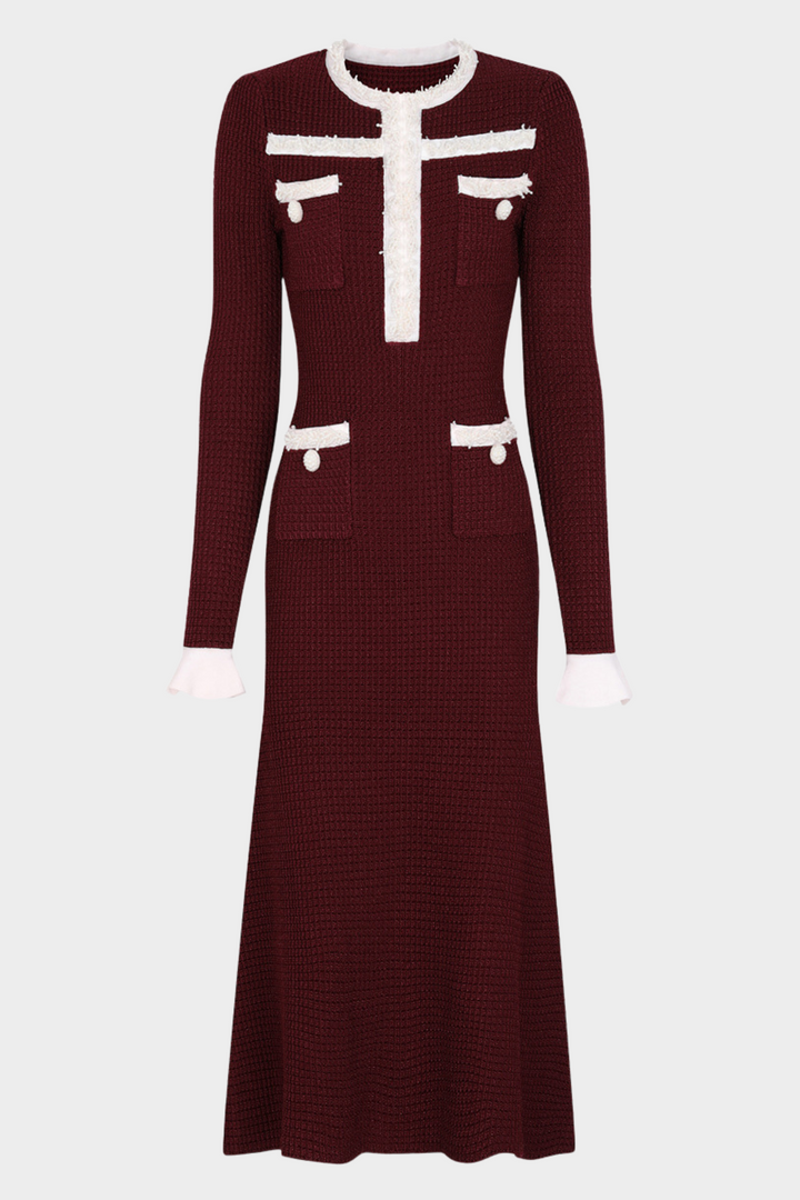 Opulent Pearl Trim Viscose Knit Flare Elegance Maxi Dress