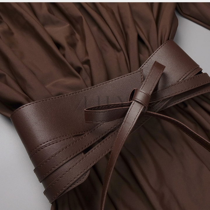 Deep V Neck Cinched Leather Waist Maxi Dress