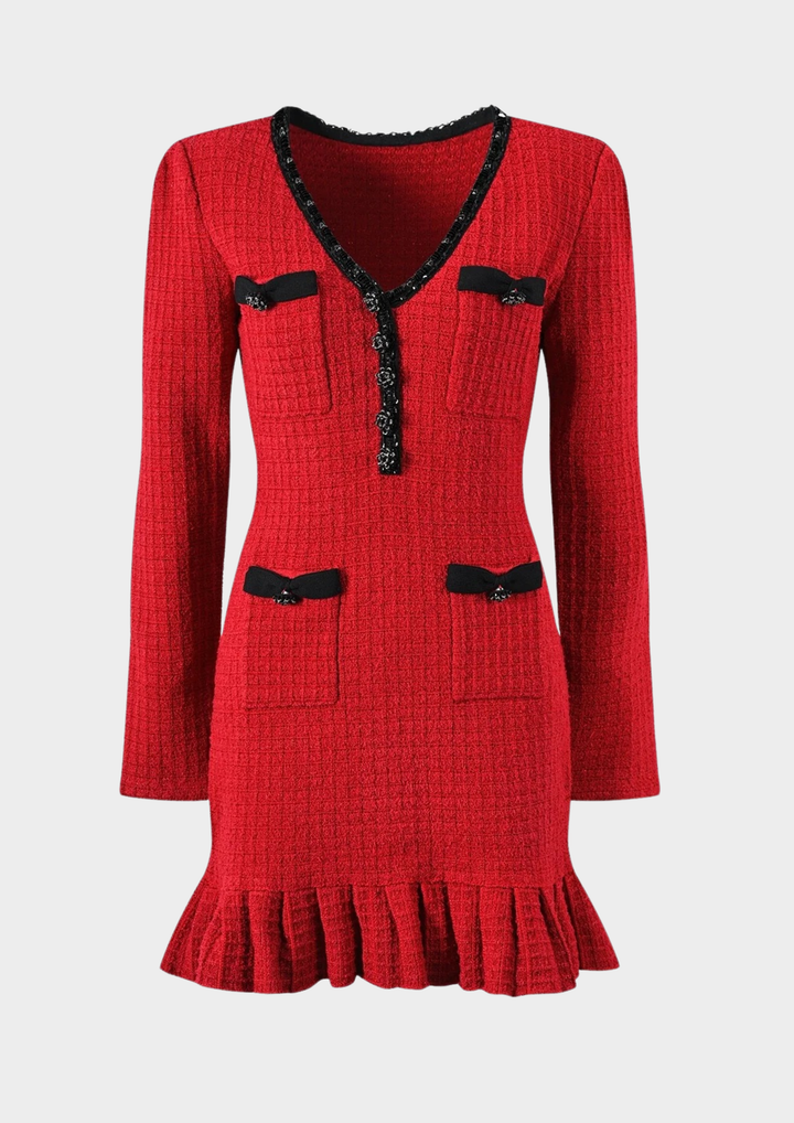 Ruffle Bow Wool Knit Sequin Mini Dress