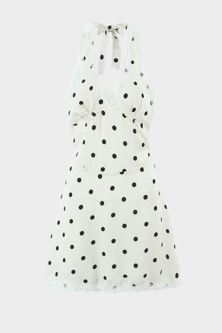 Polka Charm  Backless Halter Mini Dress