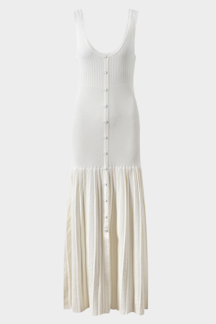 Lily – Ribbed Button Front Pleated Maxi Dress in White