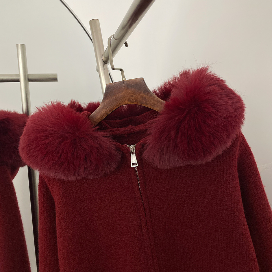 Fox Fur Collar Soft Wool Hooded Cardigan Top