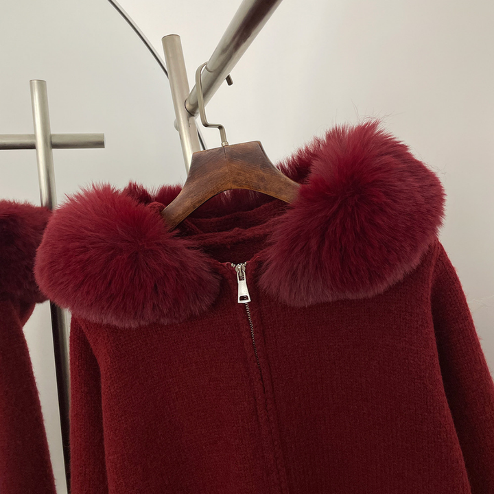 Fox Fur Collar Soft Wool Hooded Cardigan Top