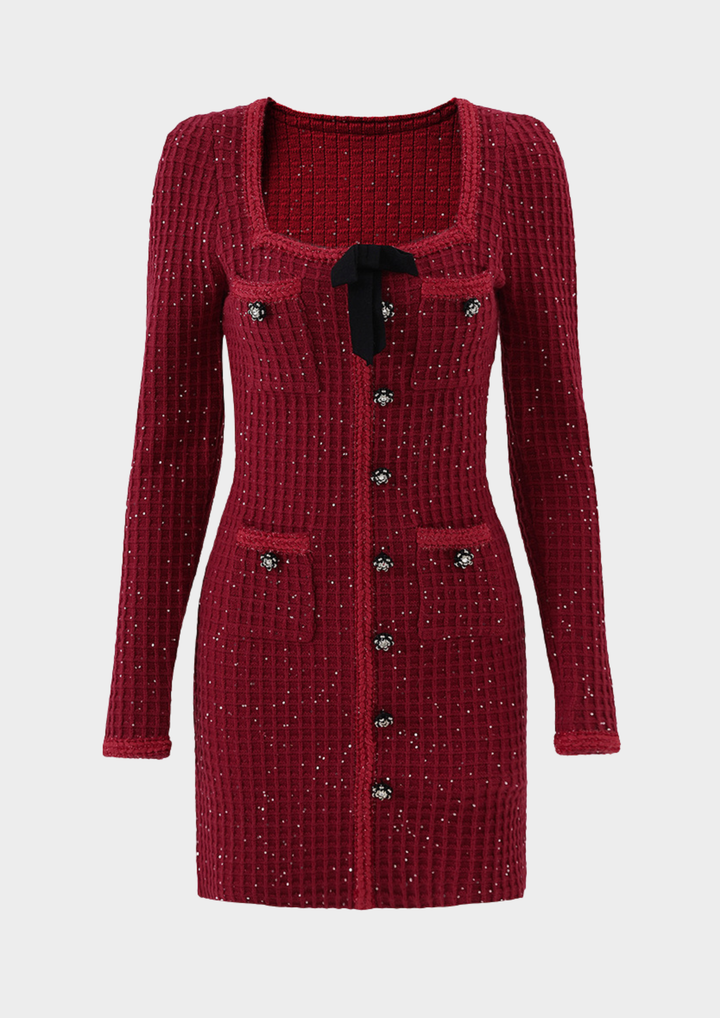 Christmas Elegant Sparkle Square Neck Knit Mini Dress