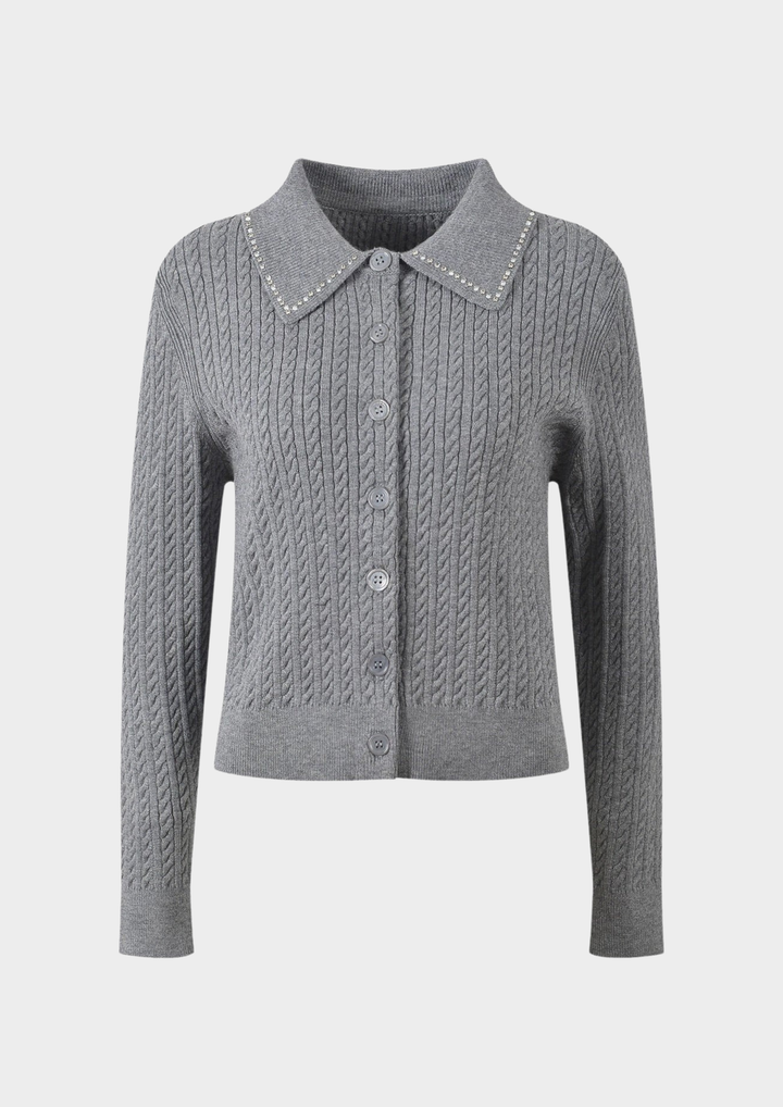 Maryln Rhinestone Lapel Ribbed Knit Cardigan Top