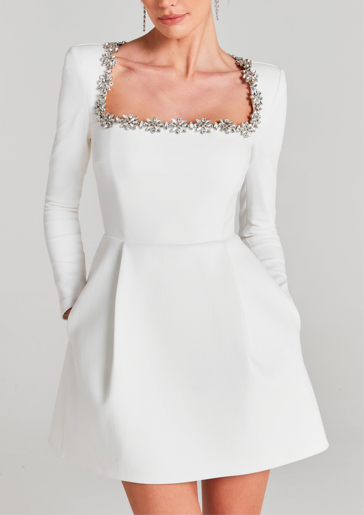 Crystal Bloom Square Neck Elegance Mini Dress