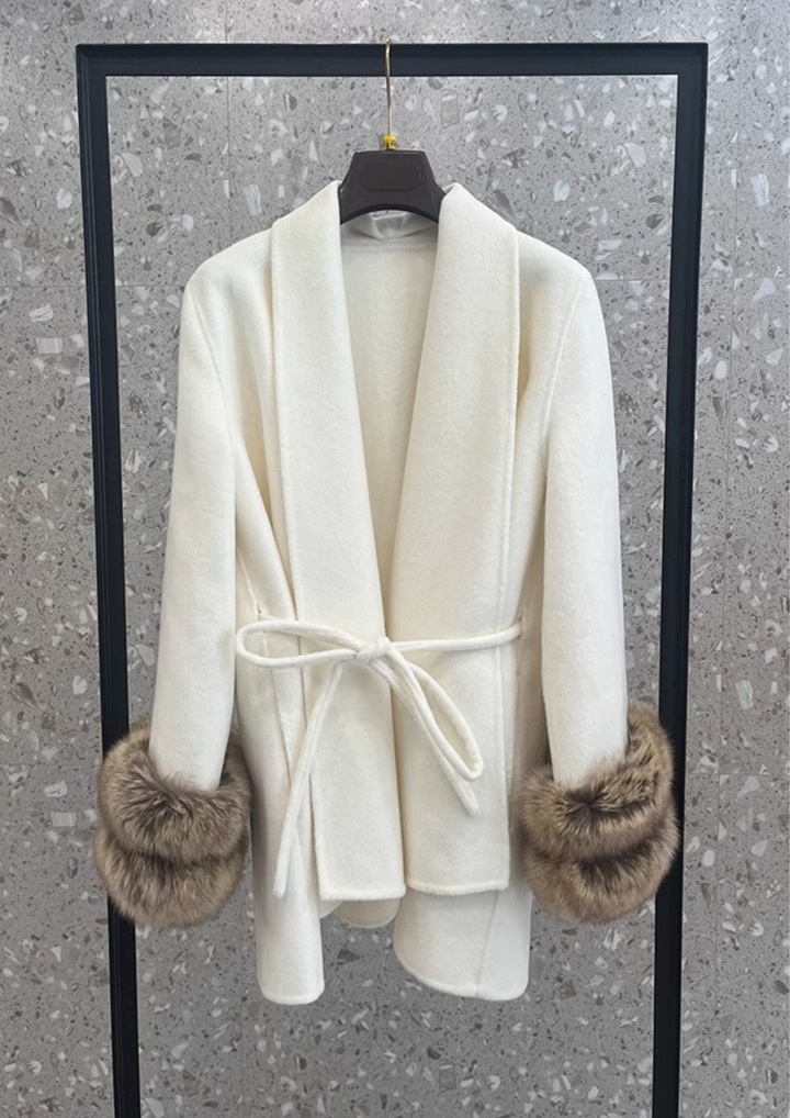 Mid-Length Real Fox Fur Cuffs Wool Coat