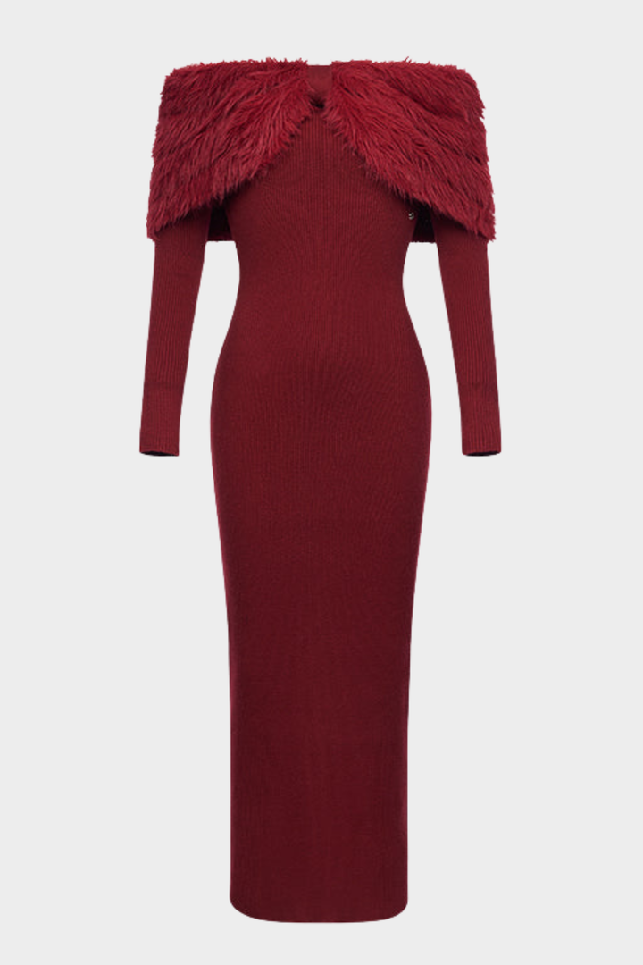 Starlight Elegance Off Shoulder Faux Fur Knit Maxi Dress
