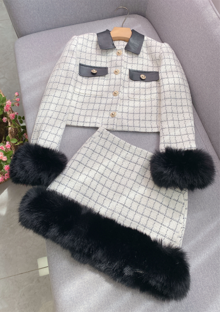 Noir Elegance  Chic Tweed Fur Trim Set