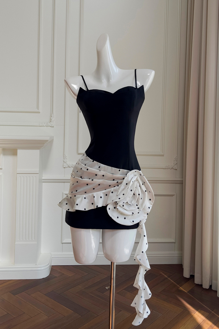Noir Rosette Polka Back Tie Mini Dress