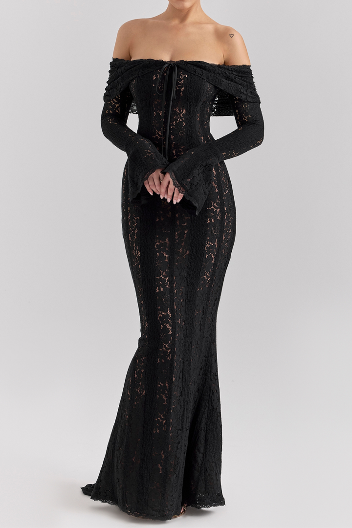 Mermaid Lace Off Shoulder Sheer Floral Maxi Dress