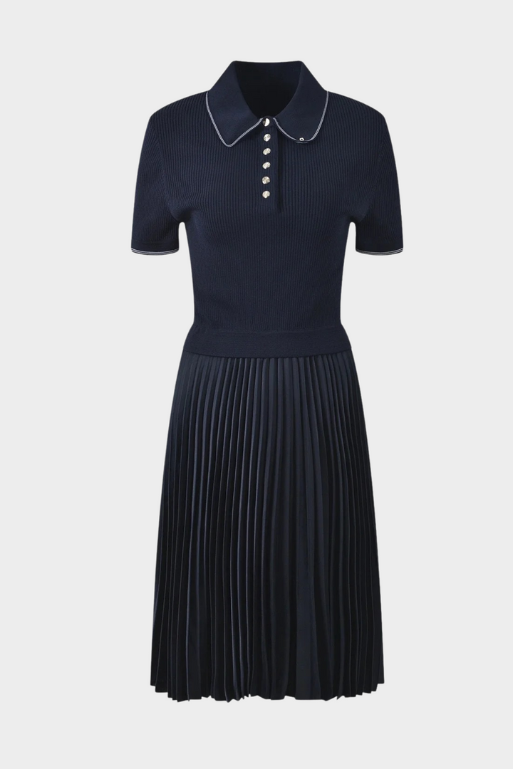 Lily – Navy Luxe Polo Collar Pleated Knit Mini Dress