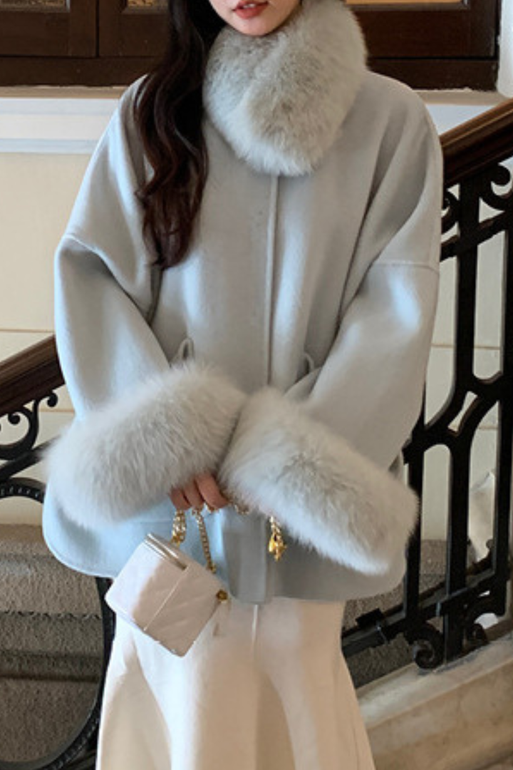 Luxe Double Faced Fox Fur Cuffs Wool Coat