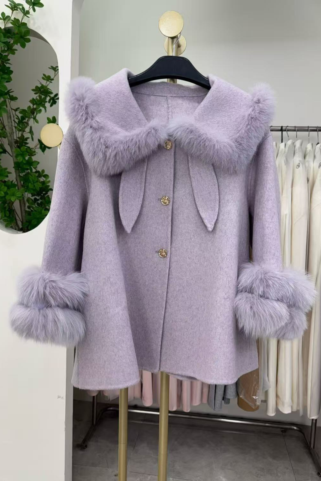 Pastel Plush Fur Collar Cuff Swing Wool Coat
