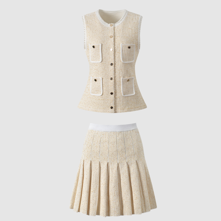 Elegant Golden Pleated Pearl Vest Set