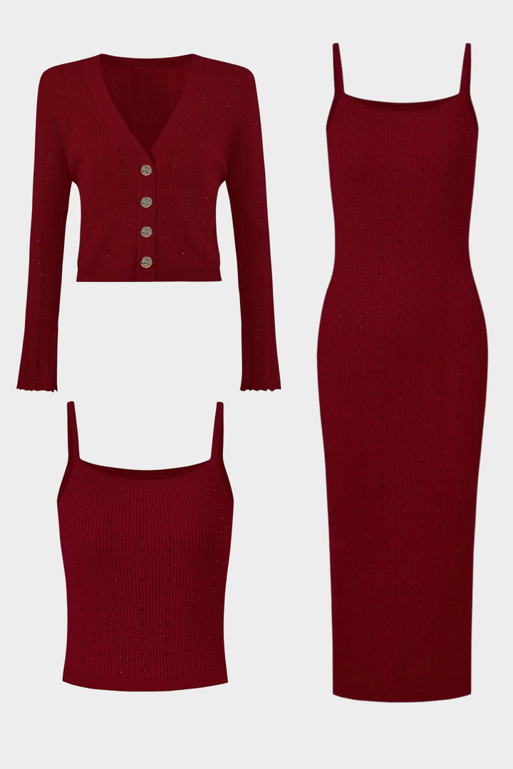 Maribel Contrast Collar Diamond  Knit 3 Piece Set