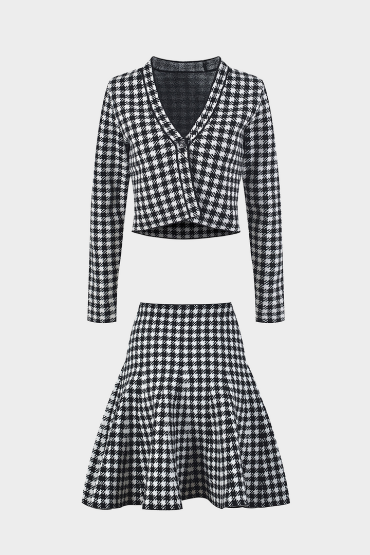Chic Knit Houndstooth Long Sleeve Mini Skirt Set