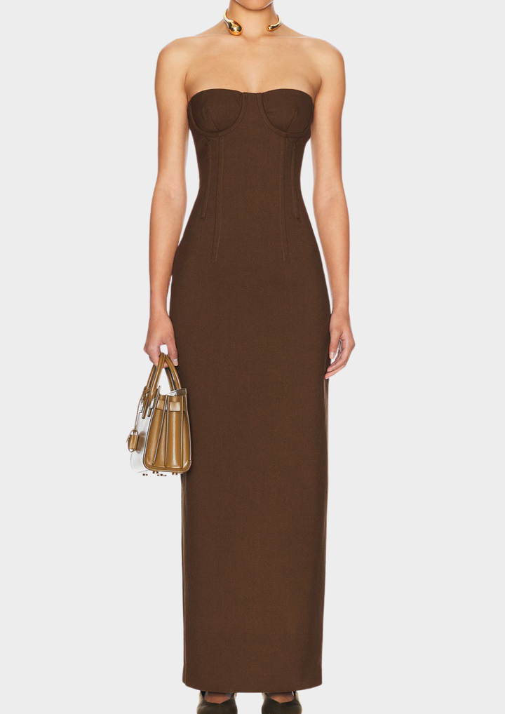 Brown Strapless Back Slit Backless Maxi Dress