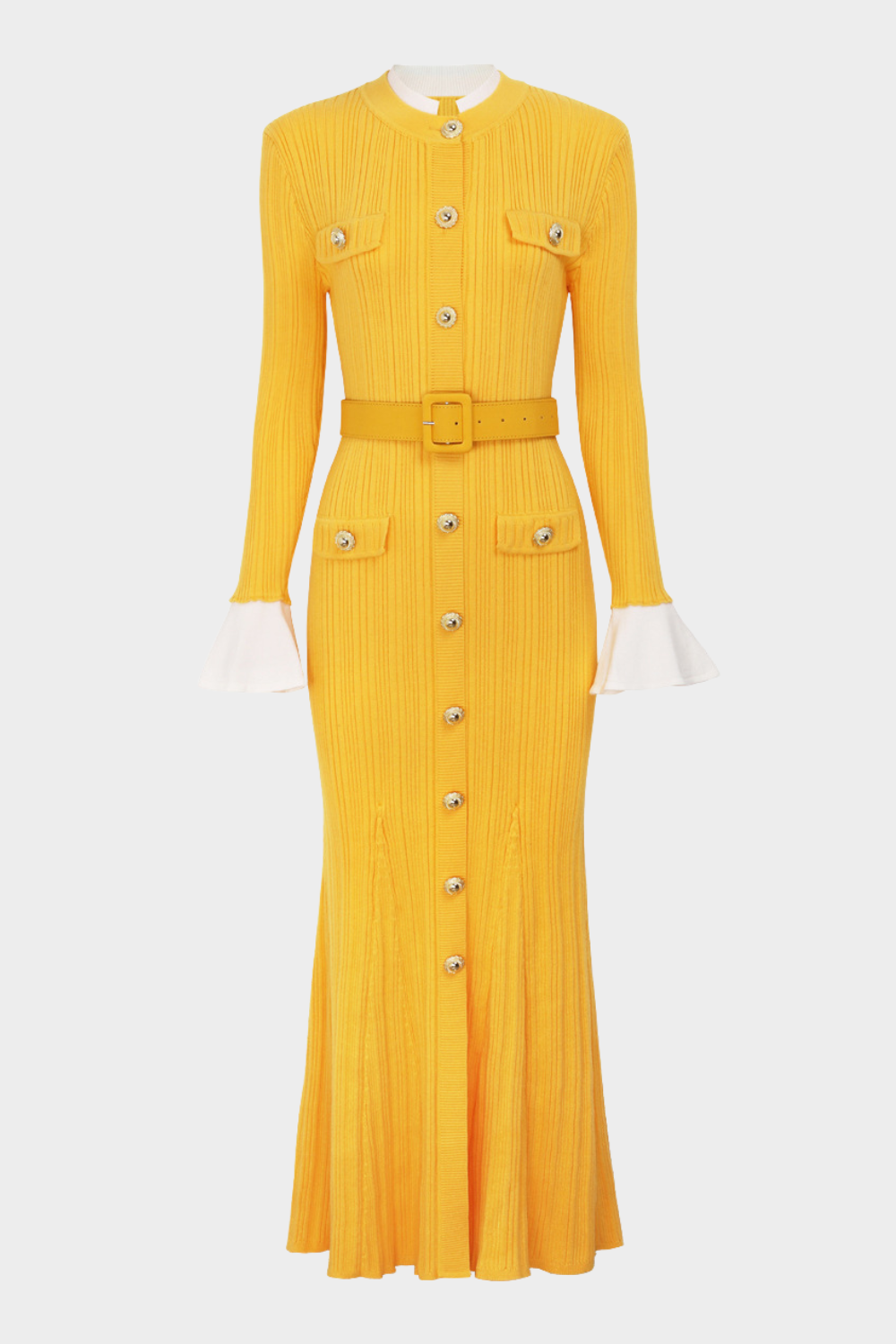 Majestic Knit Contrast Cuffs Sculpted Waist  Maxi Dress