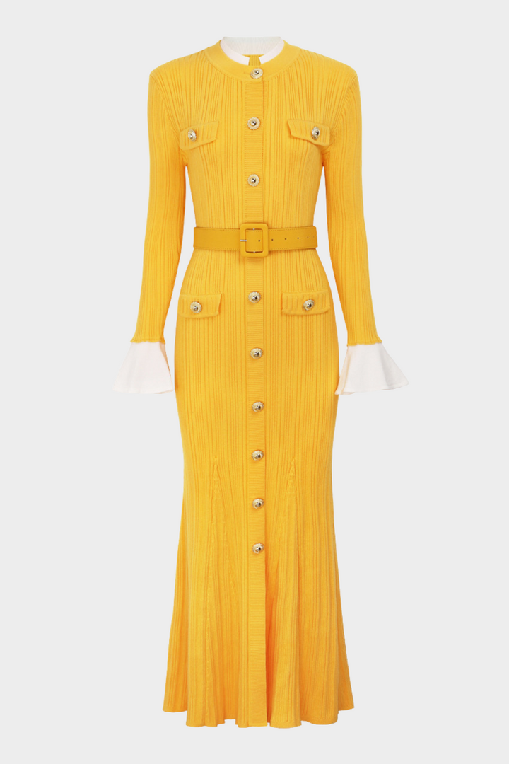 Majestic Knit Contrast Cuffs Sculpted Waist  Maxi Dress