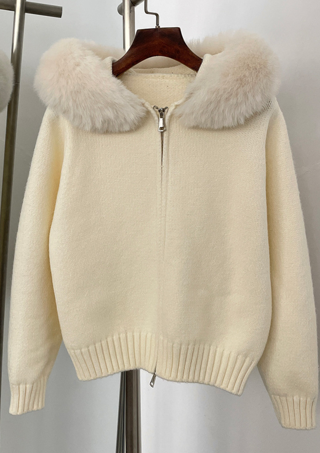 Large Fur Collar Hooded Zipper  Jacket Top