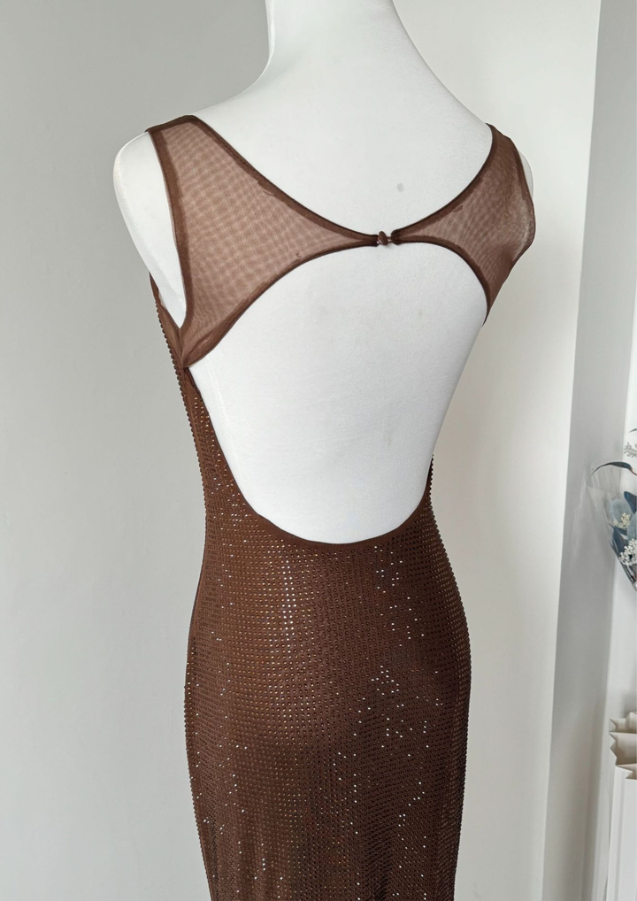 Sparkle Luxe Mesh Sleeve Backless  Maxi Dress