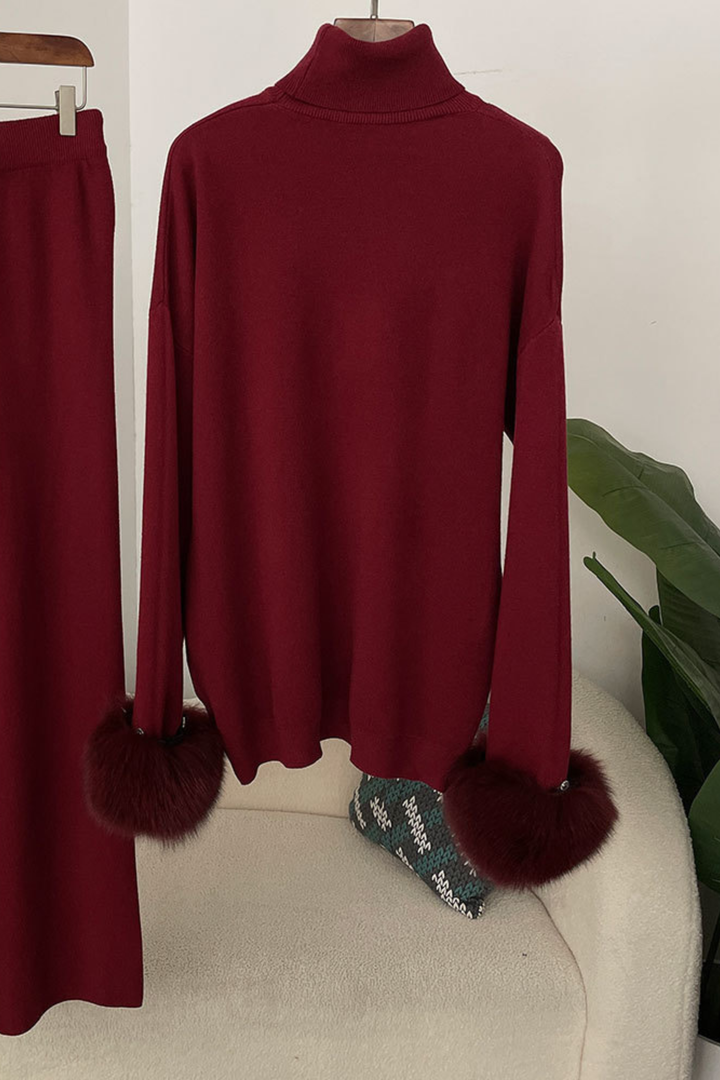 Ivy Real Fox Fur Turtleneck Knit Lounge Set