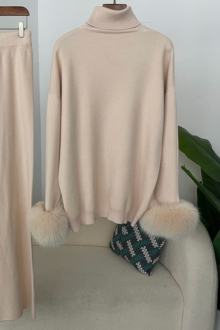 Ivy Real Fox Fur Turtleneck Knit Lounge Set