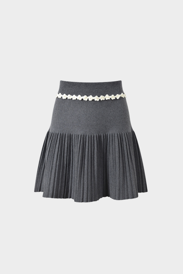 Grey Pleated Mini Skirt with Pearl Flower Waistline
