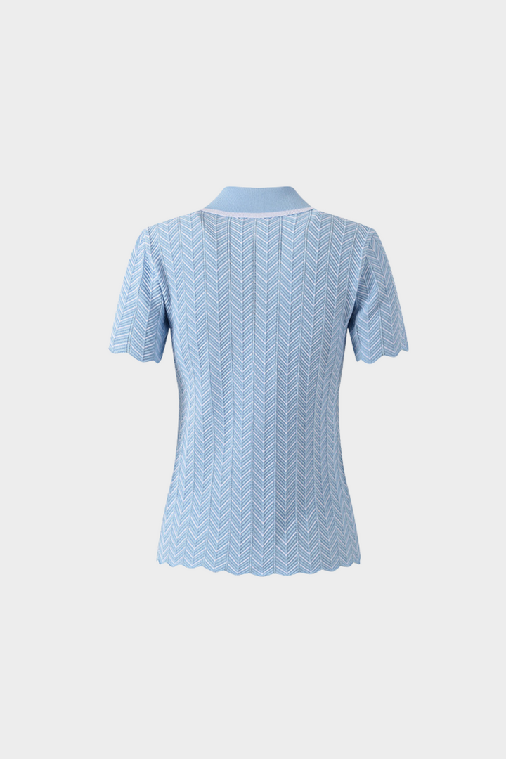 Skyline Chevron Viscose Polo Knit  Light Blue Textured Top