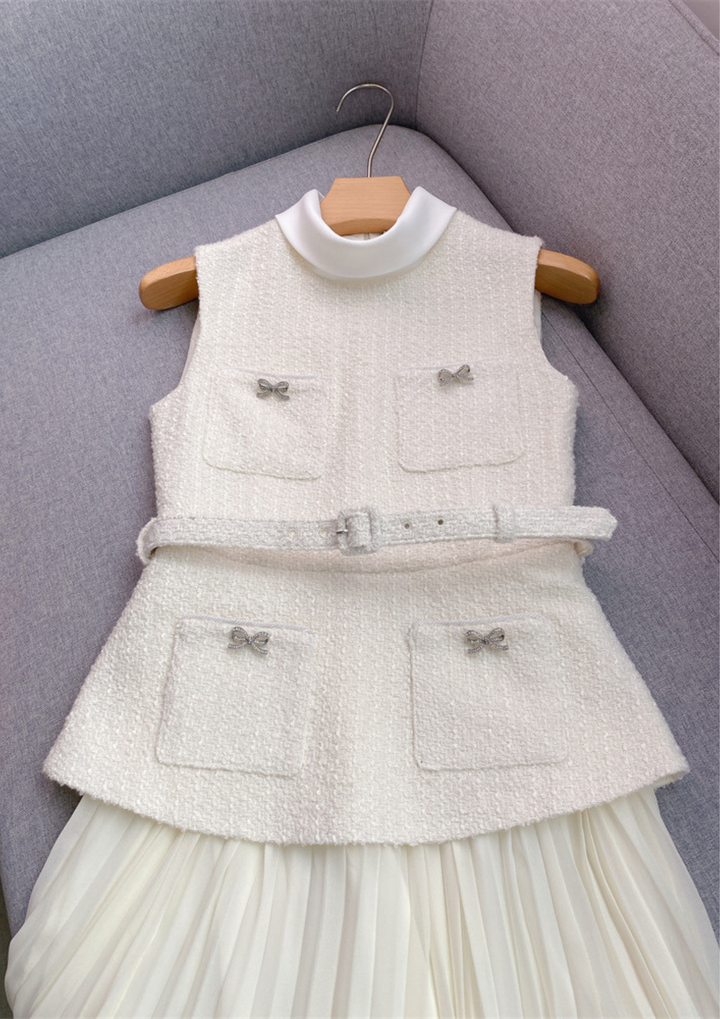 Crystal Bow Elegance Tweed Belted Pleated Maxi Dress