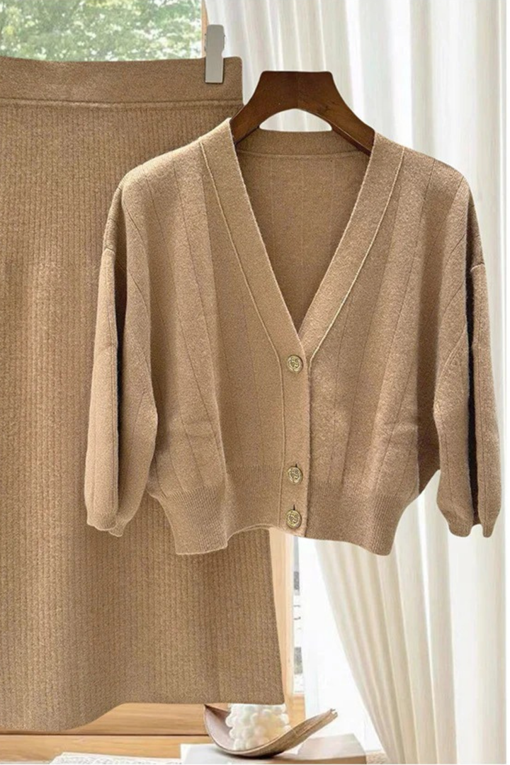Cashmere Blend V Neck Knit  Midi Skirt Set