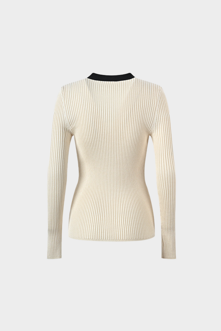Desert Contrast Soft Wool V Neck Button Up  Top
