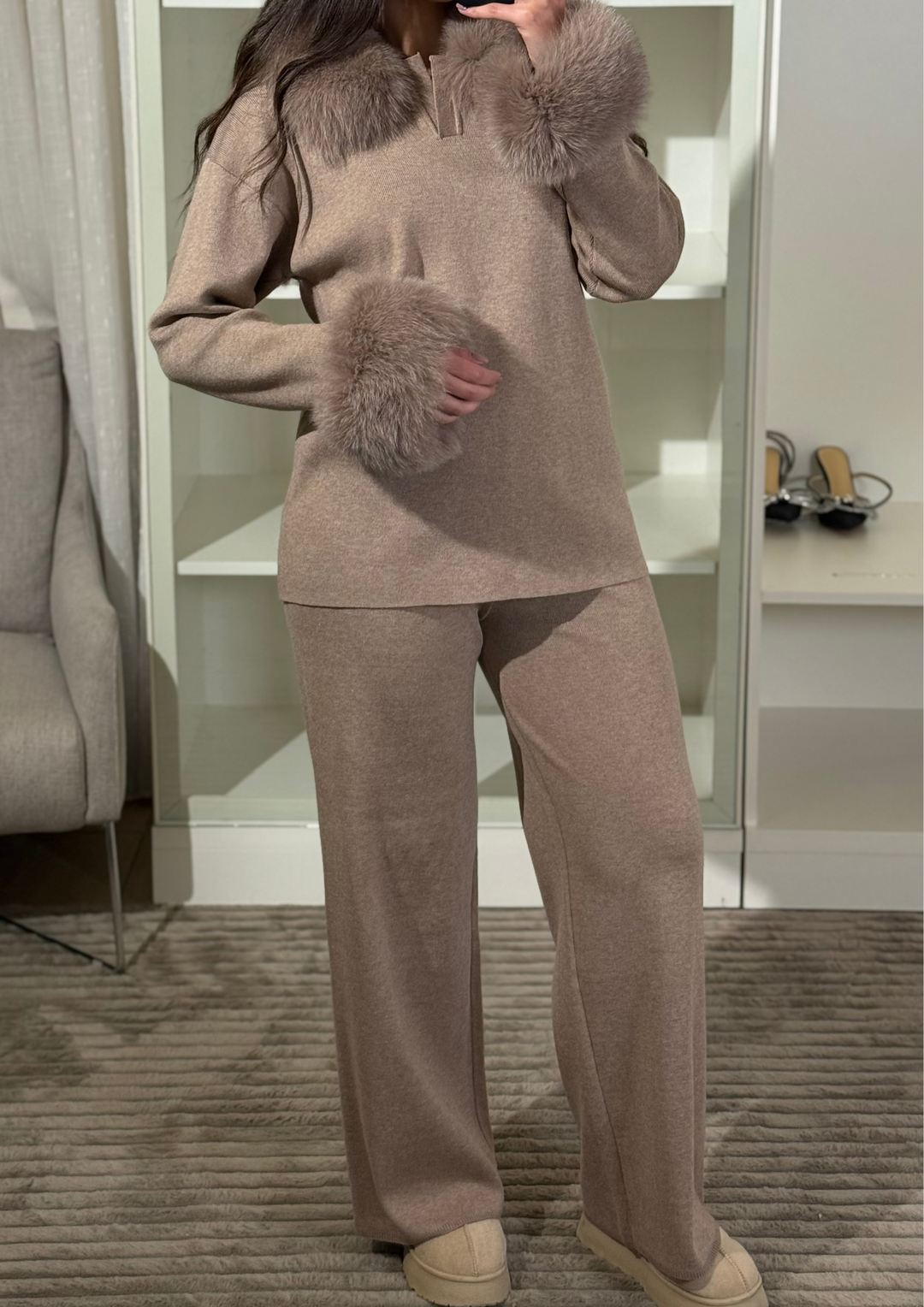 Velora Real Fox Fur Knit Lounge Set - Fur Cuff Edition