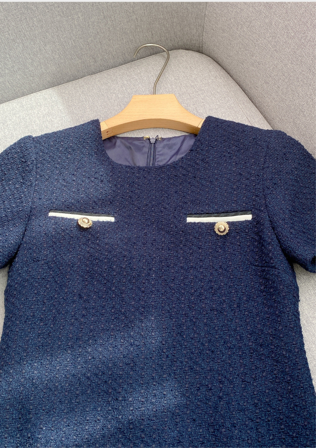 Navy Tweed Elegant Belted Mini Dress