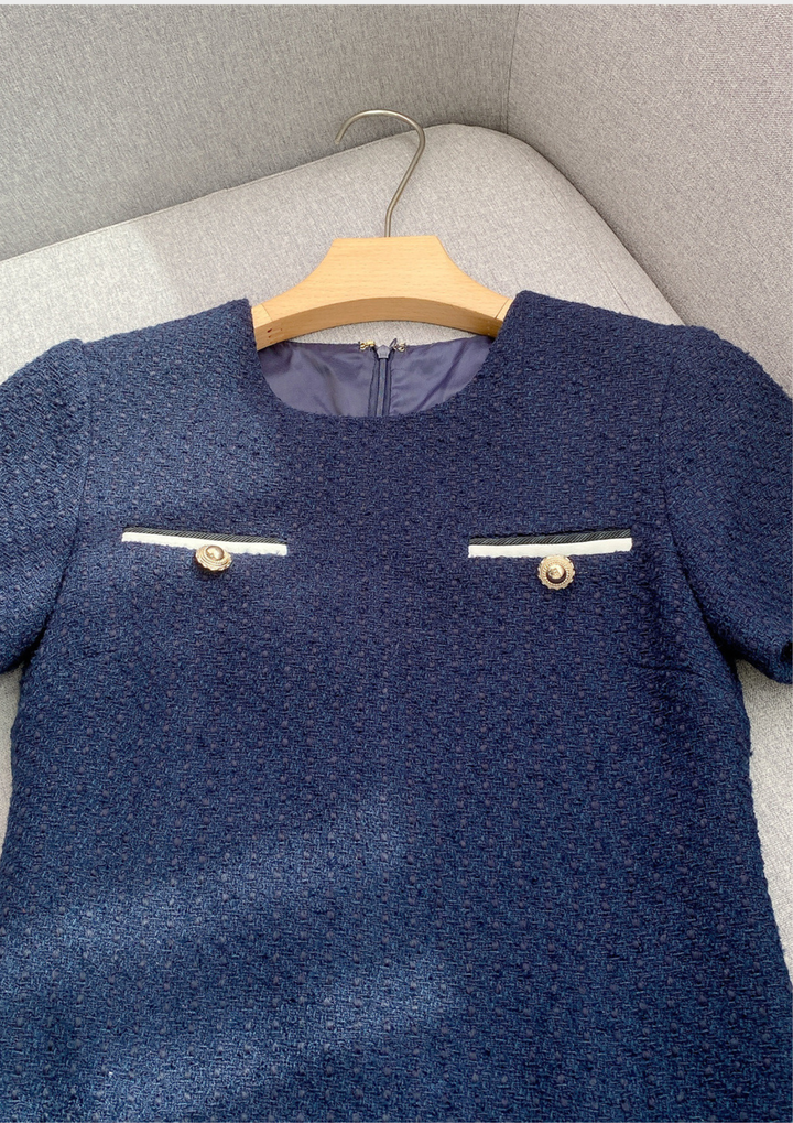 Navy Tweed Elegant Belted Mini Dress