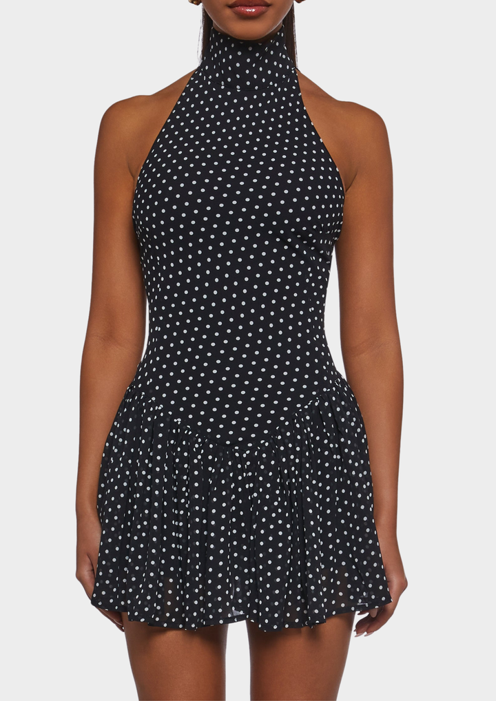 High Neck Polka Halter Flare Mini Dress