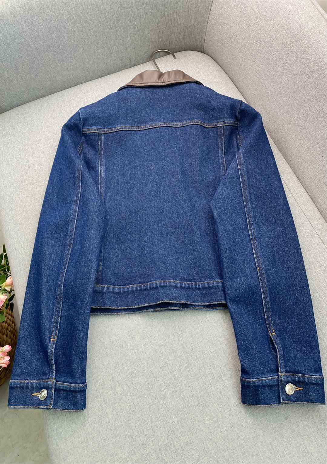 Liora – Leather Trim Lapel Denim Jacket Top